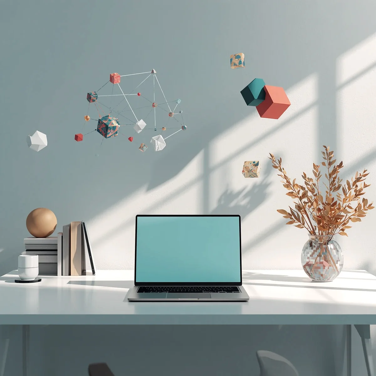 Modern workspace with a laptop and connected geometric automation elements